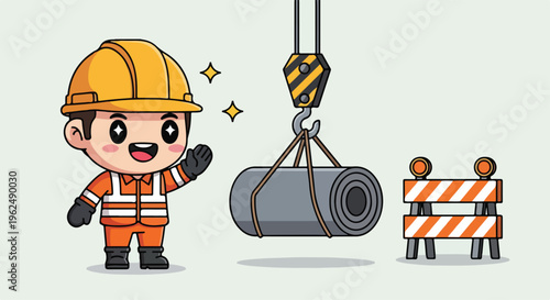 A cartoon construction worker in an orange uniform and helmet standing next to a rolled-up gray material being lifted by a crane with a hook and two road barriers on a plain background.
