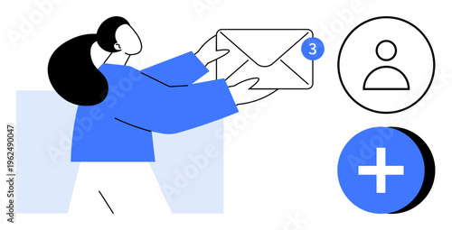 Digital communication. A female figure holds an envelope with a notification badge surrounded by user and add icons. Digital communication for email, online interaction, notifications, messaging