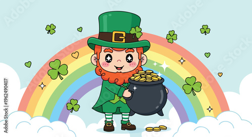 A cheerful leprechaun in a green coat holding a pot of gold coins under a vibrant rainbow with shamrocks floating around.