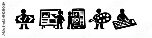 A set of hand-drawn minimalist icons representing web development and design roles, including coding, UI/UX, graphic design, and app creation.