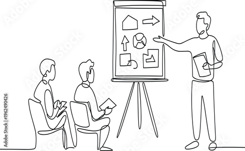 Four cartoon people sitting around a table with a laptop and papers desi