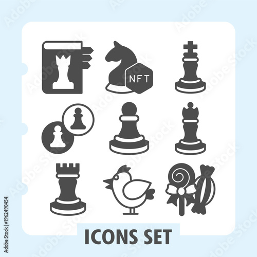 Chess rule book, coins, chess tower simple icons set featuring chess, gaming and finance items in solid style for apps and print on white background. Set of nine glyph icons.