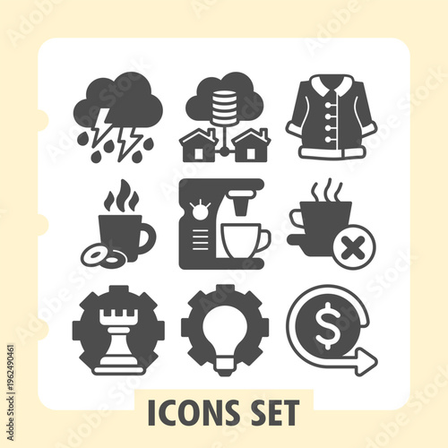Thunder, coffee mug, bishop modern icons set depicting coffee, home, clothing, savings and business items in solid style for apps and print on white background. Set of nine glyph icons.