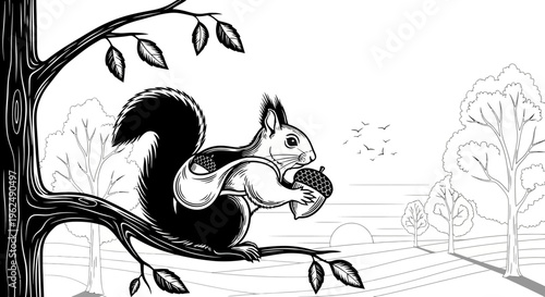 Squirrel holding acorn on branch.