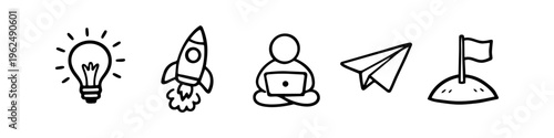 Hand-drawn business icon set featuring a light bulb for ideas, a rocket for launch, a programmer with a laptop, a paper plane for sending, and a flag for success. Minimalist vector doodles.