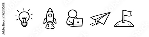 Set of hand-drawn business icons including a lightbulb, rocket ship, person at a laptop, paper plane, and flag on a hill. Vector doodle illustrations for startups, ideas, and goal achievement.