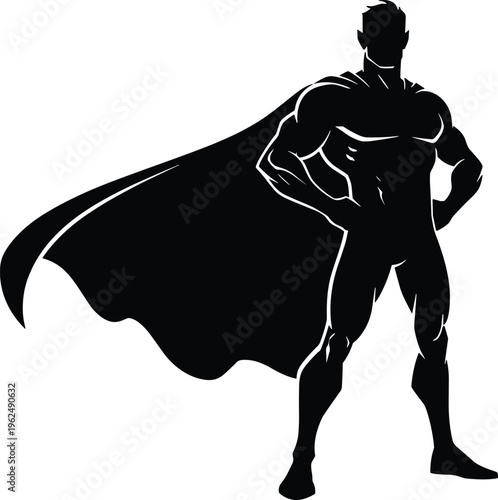 Superhero silhouette vector illustration with muscular figure cape flowing strong posture confident stance bold design powerful heroic artwork protection theme