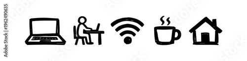 Set of hand-drawn remote work icons including laptop, person at desk, Wi-Fi symbol, coffee cup, and house. Minimalist doodle style for home office and digital nomad concepts.