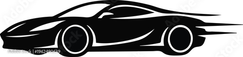 Black Silhouette of a Sports Car in Motion with Motion Streaks Sleek Design Isolated on White Background Vector Graphic Style
