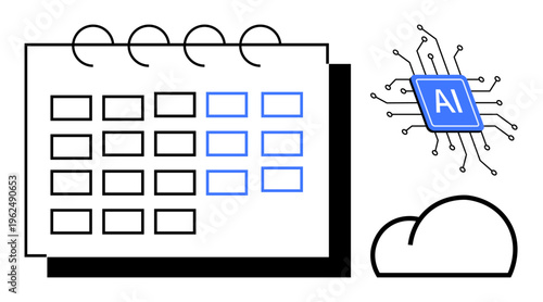 Time management, smart tech, future planning, automation, cloud services, AI innovation. ion of a calendar, AI chip and cloud icon. Time management and smart tech in focus