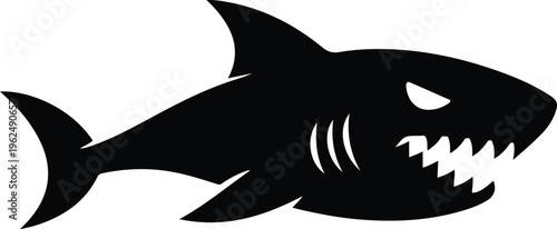 Black Shark Silhouette with Sharp Teeth and Angry Eyes Isolated on White Minimalist Vector