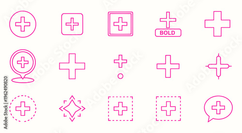 Pink plus sign icons in various shapes and styles