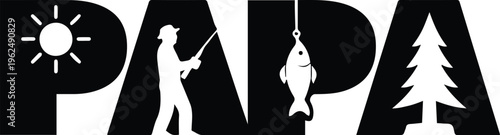 Papa Fishing Scene with Sun and Tree Silhouette Vector Graphic Minimalist Design