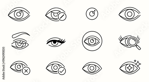 Black line icons of various eyes with different expressions and symbols