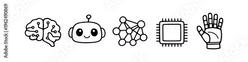 Set of black linear icons representing artificial intelligence concepts including a digital brain, robot head, neural network, microchip, and robotic hand on a white background.