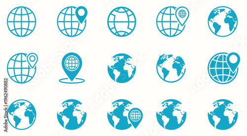 A collection of blue globe icons on a white background