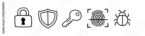Set of hand-drawn cyber security icons including a padlock, shield, key, fingerprint scan, and bug. Perfect for data protection, privacy, and cybersecurity themes. Minimalist black line art.