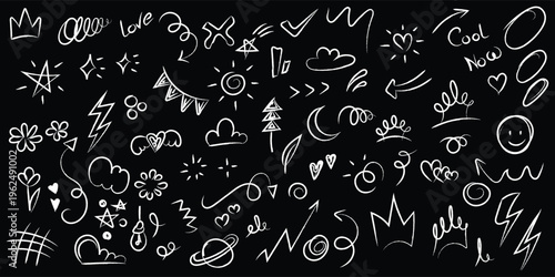 White note doodle icons set on black background, hand drawn abstract symbols, arrows, hearts, stars, scribbles, minimal modern design elements collection