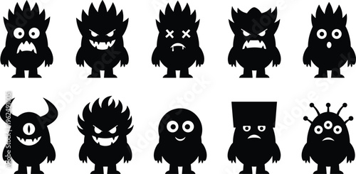 Ten cartoon monster silhouettes with unique horns, eyes, teeth and expressions, playful Halloween vector illustration design for children’s creative content