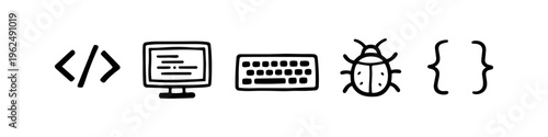 Hand-drawn set of programming and software development icons in a minimalist black doodle style, featuring code brackets, computer monitor, keyboard, bug, and curly braces on white background.