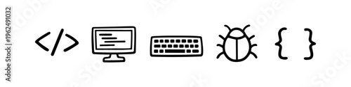 Hand-drawn doodle set of coding and software development icons featuring code tags, computer monitor, keyboard, bug, and curly braces on white background.