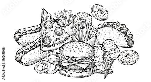Vector illustration of hand drawn fast food set including burger, pizza, hot dog, fries, taco, ice cream and donuts
