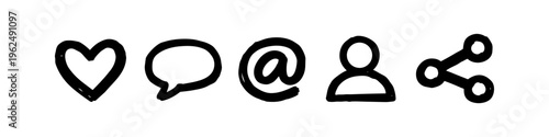 Hand-drawn social media icon set featuring heart, speech bubble, mention, user, and share symbols in a black doodle style on a white background.