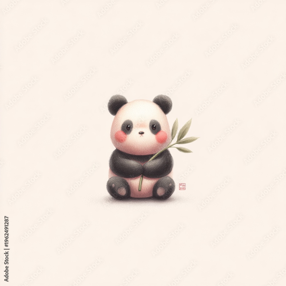 Naklejka premium Kawaii Style Panda Illustration With Bamboo on a Plain Background Featuring Soft Round Features and Cute Blush Cheeks in a Centered Setting