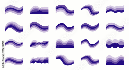 Collection of abstract purple wave shapes. Fluid gradient design elements, modern vector graphic resources for logos, backgrounds, or decorative patterns.