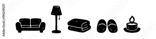 Hand-drawn collection of cozy home icons featuring a sofa, floor lamp, folded blankets, slippers, and a lit candle. Black ink doodle illustrations representing hygge and relaxation.