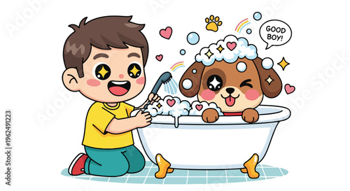 A cheerful young boy giving a playful brown dog a bath in a white bathtub with soap bubbles and colorful decorations.