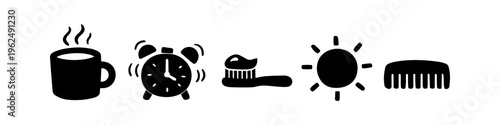 Minimalist morning routine icon set featuring a coffee mug, alarm clock, toothbrush, sun, and hair comb. Black silhouettes on white background representing daily habits and morning activities.