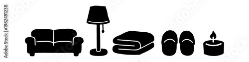 A collection of cozy home icons including a sofa, floor lamp, blanket, slippers, and candle. Minimalist black silhouettes representing comfort, hygge, and relaxation.