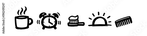 Hand-drawn morning routine doodle icons in black ink on a white background, featuring an alarm clock, coffee mug, toothbrush, sunrise, and comb representing daily habits and waking up.