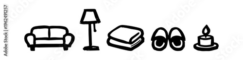 Hand-drawn doodle icons of home comfort items including a sofa, floor lamp, folded blanket, slippers, and a lit candle. Ideal for hygge and cozy lifestyle themes.