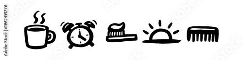 Hand-drawn black and white morning routine icons set featuring a coffee cup, alarm clock, toothbrush, sunrise, and comb. Ideal for planners, journals, and daily schedule designs.