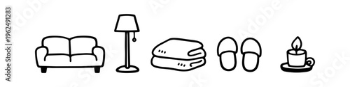 Set of hand-drawn icons representing cozy home comfort, including a sofa, floor lamp, blankets, slippers, and a lit candle. Perfect for hygge and home lifestyle themes.