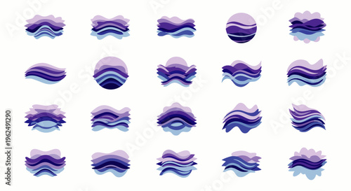 Abstract purple and blue wave shapes vector collection. Modern fluid gradient elements for design, water, liquid, or sound wave concepts. Set of dynamic graphic resources.
