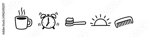 Morning routine icon set in minimalist black line art doodle style. Features coffee mug, ringing alarm clock, toothbrush, rising sun, and comb on white background for daily habits and wellness.