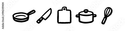 Hand-drawn doodle set of kitchen utensils including frying pan, knife, cutting board, pot, and whisk. Minimalist black ink sketch icons for culinary themes, menus, and home cooking illustrations.