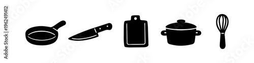 Collection of five black kitchen utensil icons including a frying pan, knife, cutting board, cooking pot, and whisk, isolated on a white background. Perfect for culinary and restaurant designs.