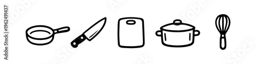 Set of hand-drawn kitchen utensils icons including frying pan, chef knife, cutting board, cooking pot, and whisk. Minimalist black doodle illustrations isolated on white background.