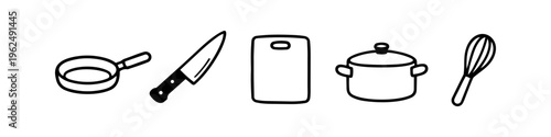 Hand-drawn minimalist kitchenware icon set featuring a frying pan, chef's knife, cutting board, cooking pot, and whisk. Simple black line art doodles for culinary and cooking themes.