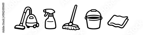 Set of hand-drawn cleaning equipment icons including vacuum cleaner, spray bottle, mop, bucket, and cloth. Minimalist black and white doodle vector illustration for hygiene and housework concepts.