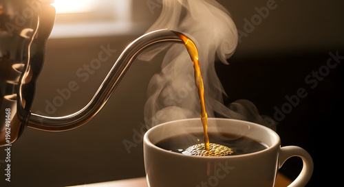 A comforting stream of rich, freshly brewed coffee pours from a sleek gooseneck kettle into a steaming white mug, creating a serene morning ritual filled with inviting warmth and aroma