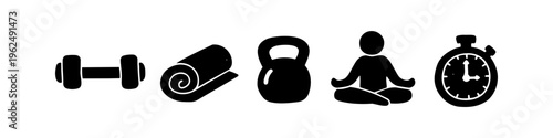 Minimalist flat icons for fitness and wellness featuring a dumbbell, rolled yoga mat, kettlebell, meditation figure, and stopwatch. Ideal for sports, health, and gym-related graphic designs.