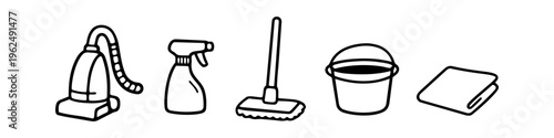 Hand-drawn minimalist cleaning supply icons featuring a vacuum, spray bottle, mop, bucket, and cloth in black line art. Perfect for household chore, service, and sanitation themes.