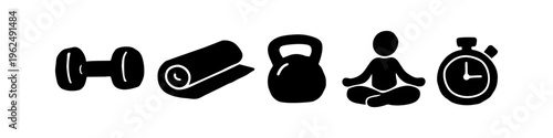 Set of black minimalist fitness and wellness icons featuring a dumbbell, yoga mat, kettlebell, meditating person, and stopwatch on a white background.
