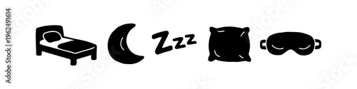 Set of hand-drawn sleep icons including a bed, crescent moon, Zzz symbol, pillow, and sleep mask. Black minimalist silhouettes on a white background for bedtime and rest themes.