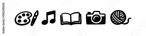 Set of hand-drawn hobby icons including painting, music, reading, photography, and knitting. Minimalist black ink doodle style banner on white background for creative projects.